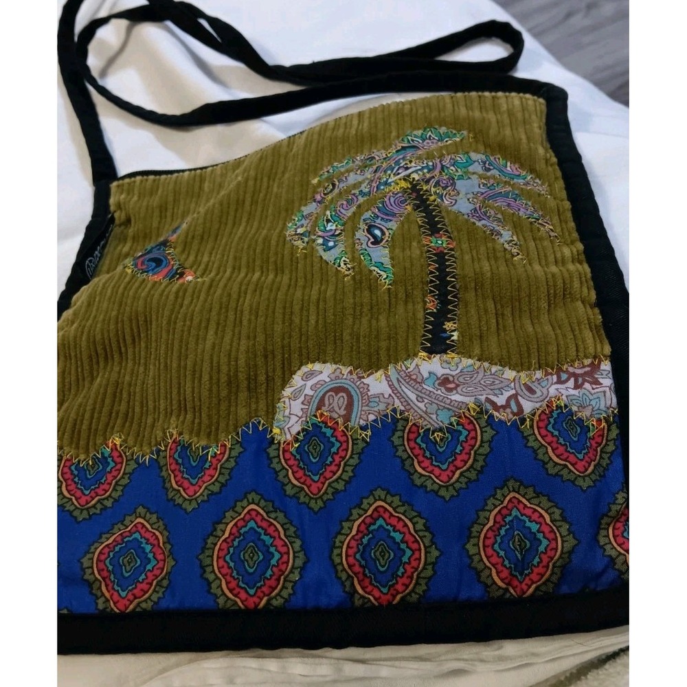 Ixchel  Boho Corduroy Shoulder Cross Bag 10 x 9 Moon Palmtree Embroidery Hippie